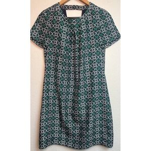 J. Crew Swoop Dress in Latticework Medallion Navy Green 100% Silk‎ Size 0 #A3921